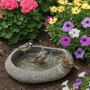 May include: A stone bird bath with three small birds, one bathing and two perched on the edge. The bird bath is surrounded by colorful flowers, including pink geraniums, yellow daisies, and purple petunias. The scene is set in a garden.