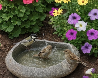 Vasca per uccelli in pietra – Ciotola per l'acqua in ciottoli fatta a mano per gatti, cani e animali selvatici / Decorazione rustica da giardino