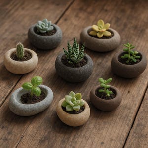 Peut inclure: Diverses petites plantes succulentes dans des pots en forme de pierre. Les plantes présentent différentes nuances de vert et de jaune, avec des textures variées. Les pots sont gris, bruns et beiges, disposés sur une surface en bois.