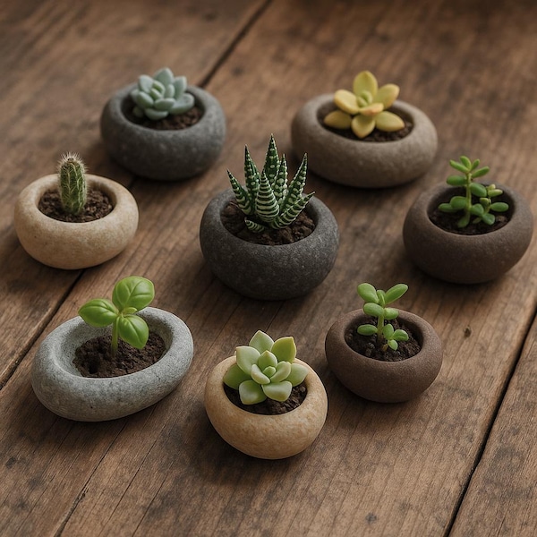 Mini macetero de piedra de río hecho a mano: macetero único de guijarros para suculentas, cactus y plantas pequeñas / Decoración artesanal natural