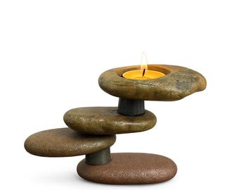 Handmade River Stone Candle Holder – Stacked Pebble Tealight Stand | Wabi Sabi Natural Stone Home Decor