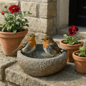 May include: Two small robin figurines with orange breasts and brown wings standing inside a round, textured gray stone bird bath. The bird bath is surrounded by three terracotta flower pots containing red chrysanthemums and dark red pansies.