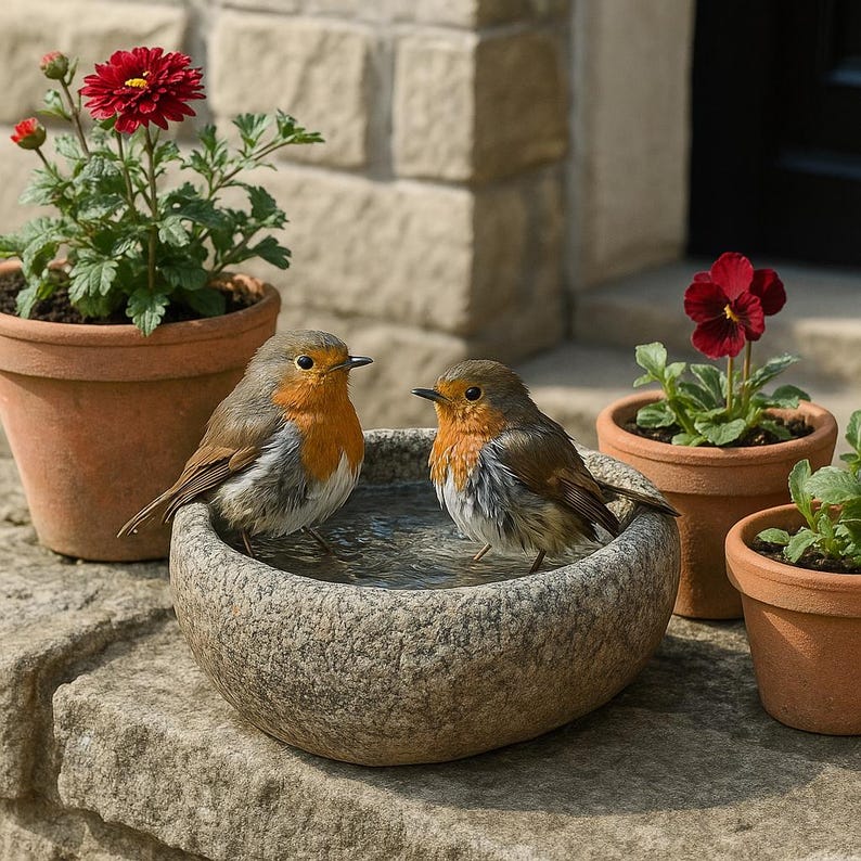May include: Two small robin figurines with orange breasts and brown wings standing inside a round, textured gray stone bird bath. The bird bath is surrounded by three terracotta flower pots containing red chrysanthemums and dark red pansies.
