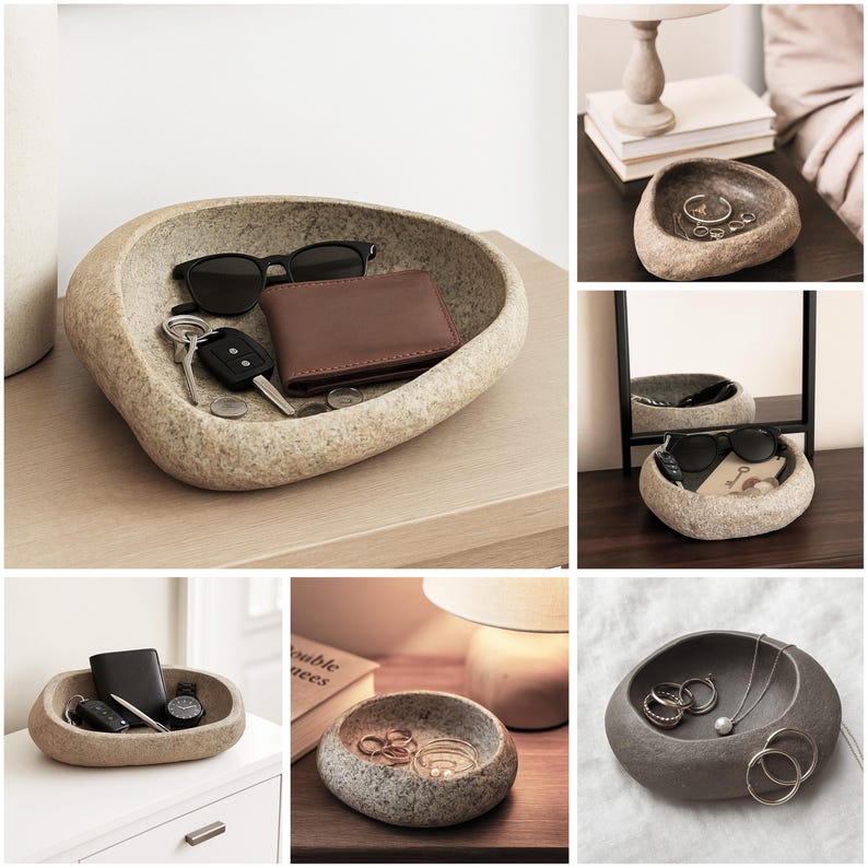 May include: A series of images featuring a stone-effect, oval-shaped tray. The tray is used to hold items such as sunglasses, wallets, keys, and jewellery. The neutral colour of the tray complements the items, creating a stylish storage solution.