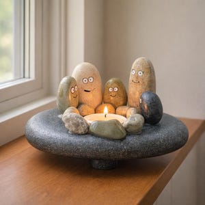May include: A whimsical stone candle holder featuring a family of smiling, painted stones surrounding a lit candle. The candle holder is a gray, round stone base with a smaller pedestal. The stones have painted eyes and smiles.