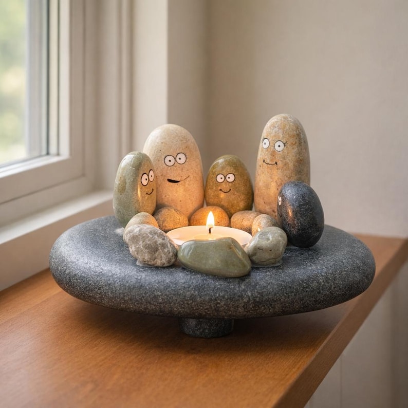 May include: A whimsical stone candle holder featuring a family of smiling, painted stones surrounding a lit candle. The candle holder is a gray, round stone base with a smaller pedestal. The stones have painted eyes and smiles.