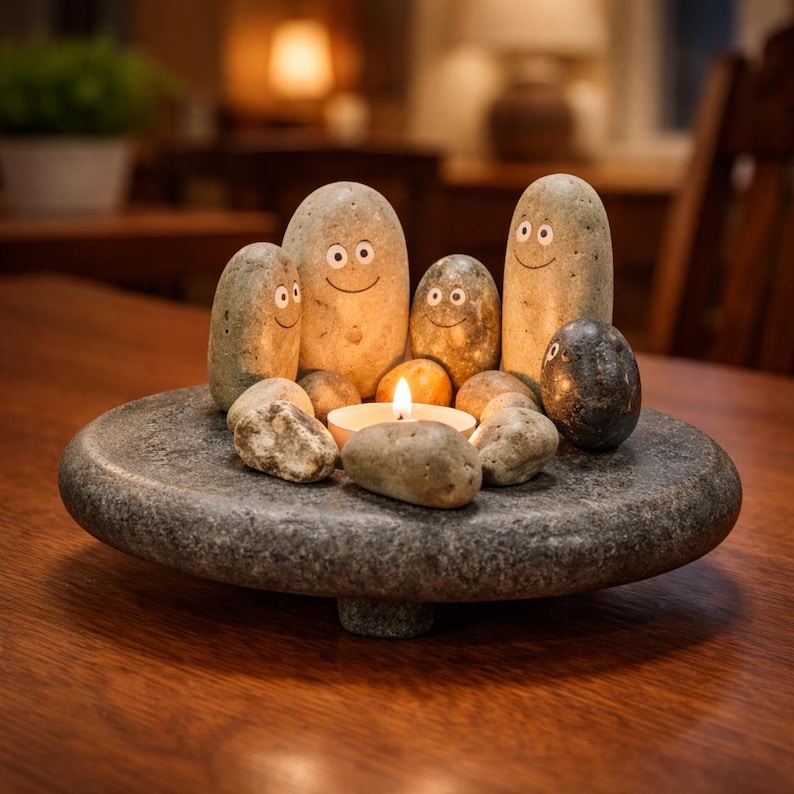 May include: A decorative stone arrangement featuring several smooth, oval-shaped stones with painted faces, arranged on a gray stone dish. A lit candle sits in the center, surrounded by smaller stones. The arrangement is on a wooden table.