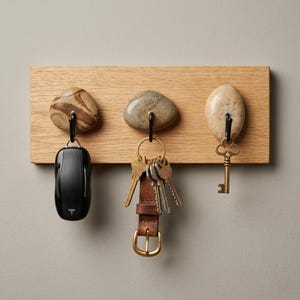 May include: A wooden key holder featuring three stone hooks. A black car key, a leather key fob with multiple keys, and a brass vintage key are suspended. The wood has a light, natural finish, suitable for any home.