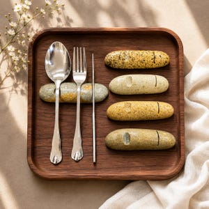 May include: A wooden serving tray with a spoon, fork, and chopstick. The utensils rest on stone-shaped holders. Four additional stone holders are also on the tray. The tray is brown, and the utensils are silver.