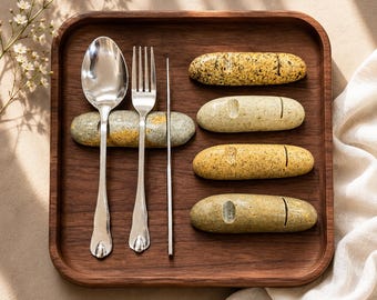 Natural Stone Cutlery Set 6-Piece, Knife & Chopstick Holder, Spoon Fork Holder, Pebble Cutlery Rest, Handmade Stone Table Decor