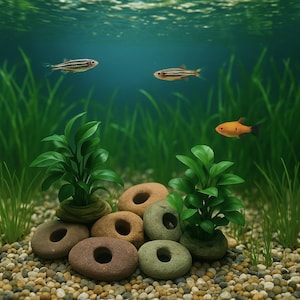 May include: An aquarium scene with small fish and aquatic plants. Two fish have black and white stripes, and one is orange. The foreground features donut-shaped stones in shades of brown and green, with green plants. The water is a clear blue.