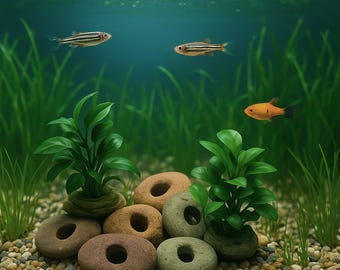 Aquarium Plant Holder Rock – Natural River Stone with Hole | Handmade Fish Tank Decor & Aquascape Accessory