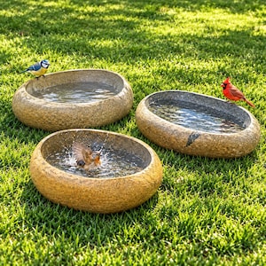 May include: Three rounded, tan stone bird baths filled with water. A blue and yellow bird sits on the rim of the back left bath, a red bird sits on the rim of the right bath, and a small brown bird splashes in the front centre bath.