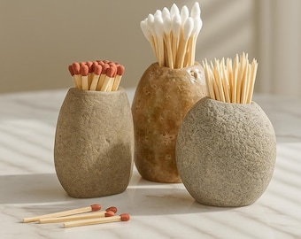 Natural River Stone Toothpick & Match Holder – Mini Pebble Cup for Q-Tips, Matches, Kitchen | Bathroom Decor, Eco-Friendly Rustic Accessory