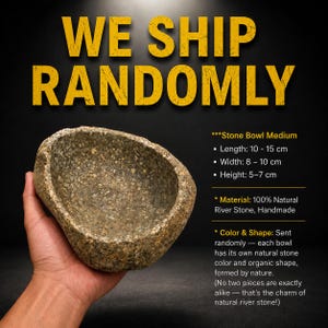 May include: A medium-sized bowl crafted from natural river stone with a speckled, textured surface. The bowl has an organic, irregular shape with dimensions of 10-15 cm in length, 8-10 cm in width, and 5-7 cm in height, as stated in the text.
