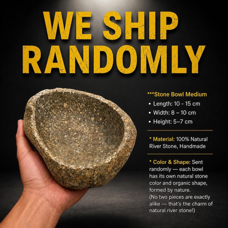 May include: A medium-sized bowl crafted from natural river stone with a speckled, textured surface. The bowl has an organic, irregular shape with dimensions of 10-15 cm in length, 8-10 cm in width, and 5-7 cm in height, as stated in the text.