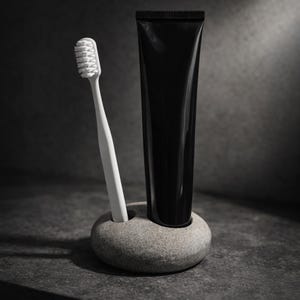Puede incluir: Un conjunto de ba&ntilde;o minimalista con un cepillo de dientes blanco, un tubo de pasta de dientes negro y un soporte de piedra gris. El cepillo de dientes est&aacute; colocado en el soporte, junto al tubo de pasta de dientes. El fondo es gris oscuro.