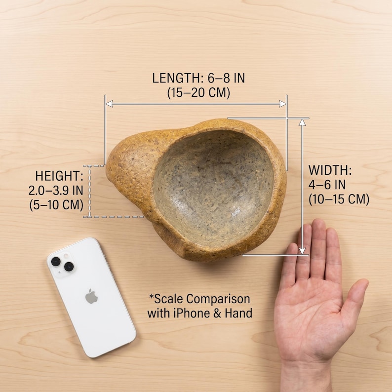 May include: A beige, organic-shaped bowl with a textured surface. The bowl's length is 6-8 inches (15-20 cm), width is 4-6 inches (10-15 cm), and height is 2.0-3.9 inches (5-10 cm). A white iPhone is next to the bowl for scale comparison. The text reads "Scale Comparison with iPhone & Hand."