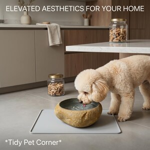 May include: A beige dog drinks from a stone-like water bowl on a gray mat. The bowl is filled with water. Two glass jars with gold lids filled with dog treats are in the background. Text reads "ELEVATED AESTHETICS FOR YOUR HOME" and "*Tidy Pet Corner*".