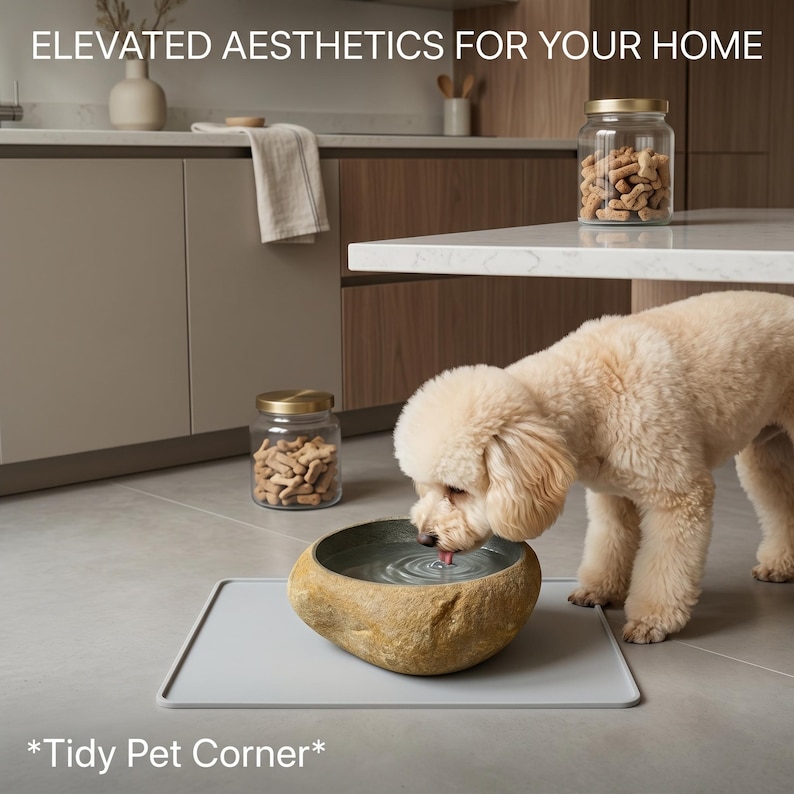 May include: A beige dog drinks from a stone-like water bowl on a gray mat. The bowl is filled with water. Two glass jars with gold lids filled with dog treats are in the background. Text reads "ELEVATED AESTHETICS FOR YOUR HOME" and "*Tidy Pet Corner*".