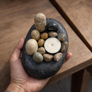 May include: A hand-held, dark gray stone candle holder with a carved-out center. The holder is filled with small, smooth stones, several of which have painted-on faces. A lit white tea light candle sits in the center.