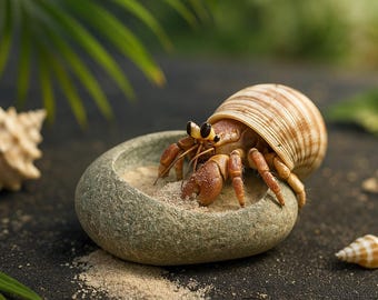 Puede incluir: Un cangrejo ermitaño con pinzas y patas naranjas, y una concha rayada, se encuentra en un pequeño cuenco de piedra gris lleno de arena. El cangrejo está sobre una superficie oscura con arena dispersa y una concha marina.