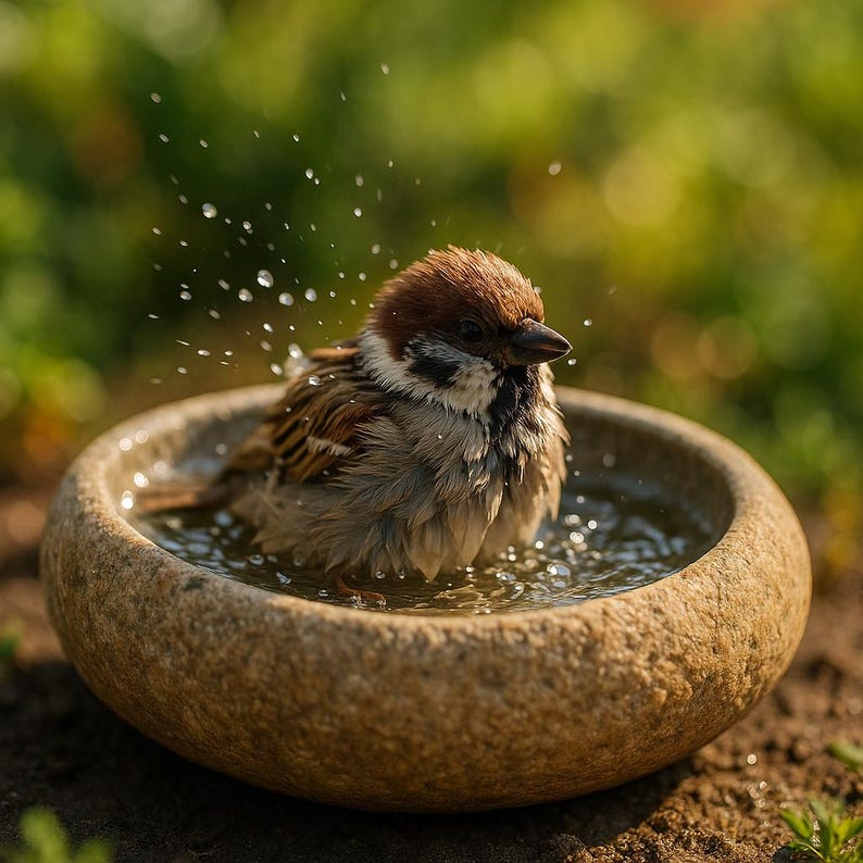 May include: A small brown and white sparrow with wet feathers sits inside a round, textured stone bowl filled with water. The bird is splashing, creating visible water droplets in the air around its head and body while bathing in the basin.