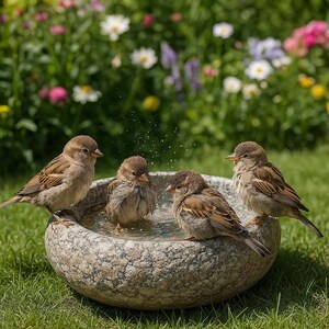 May include: Four small brown sparrows are gathered around a round, speckled gray stone birdbath. Two birds are perched on the rim, while two others are standing inside the basin filled with water, creating small splashes and ripples in the basin.