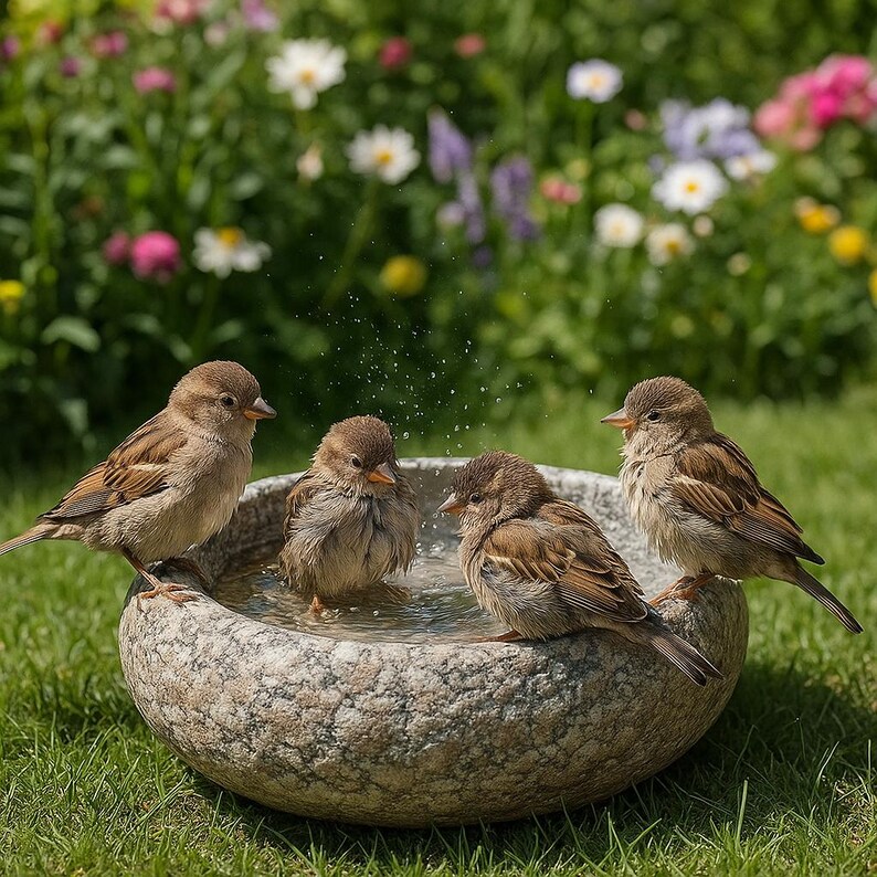 May include: Four small brown sparrows are gathered around a round, speckled gray stone birdbath. Two birds are perched on the rim, while two others are standing inside the basin filled with water, creating small splashes and ripples in the basin.