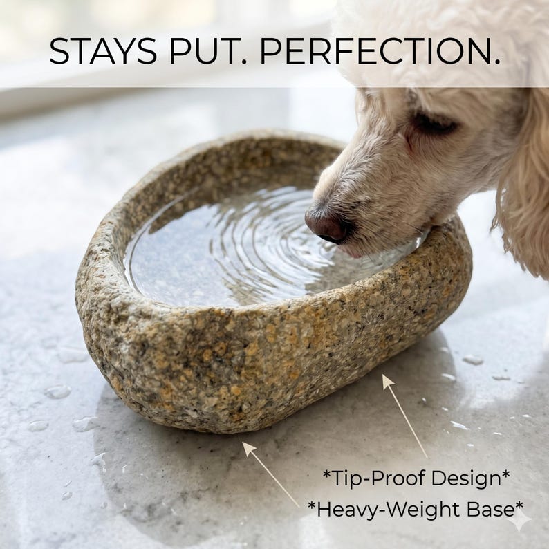 May include: A stone pet bowl filled with water. The bowl has a heavy-weight base and tip-proof design. The text "STAYS PUT. PERFECTION." is at the top of the image. A dog is drinking from the bowl.