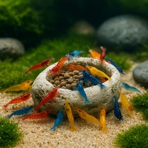 May include: A collection of colorful shrimp, including red, orange, yellow, and blue, are gathered around a stone bowl filled with brown pellets. The shrimp are on a sandy surface with green moss and rocks in the background.
