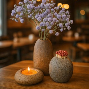 May include: A decorative arrangement featuring a lit candle in a stone holder, a vase with purple flowers, and a small stone container filled with red-tipped matches. The items are on a wooden table.