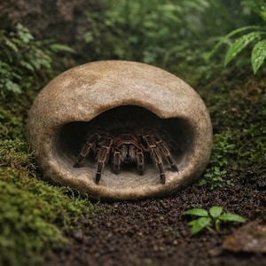 Könnte beinhalten: Eine braune Tarantel-Spinne kommt aus einer Steinhöhle. Die Spinne hat lange, behaarte Beine und ist vor einem Hintergrund aus grünem Moos und Erde platziert. Die Höhle hat eine hellbraune Farbe und eine abgerundete Form.