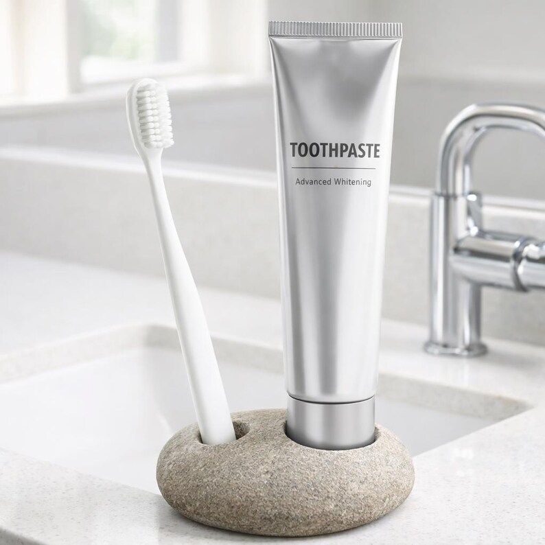 Puede incluir: Un cepillo de dientes blanco y un tubo de pasta dental con la etiqueta "TOOTHPASTE Advanced Whitening" se muestran en un soporte de piedra gris. Los art&iacute;culos est&aacute;n sobre una encimera blanca cerca de un lavabo y un grifo.