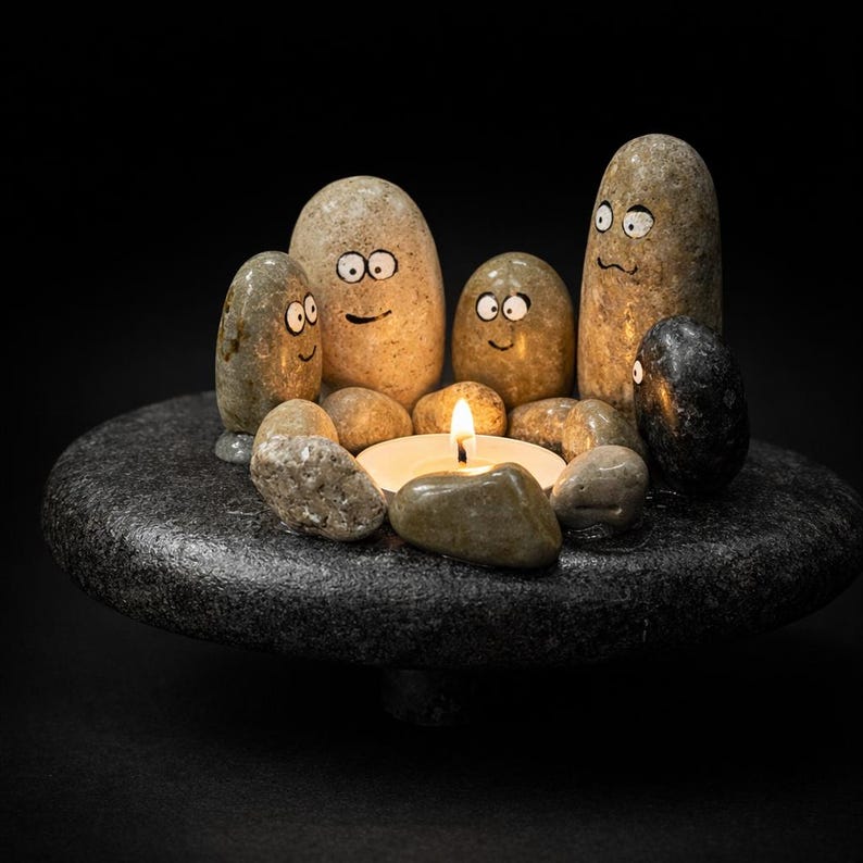 May include: A decorative stone arrangement featuring painted faces on smooth stones, arranged around a lit candle on a dark gray stone base. The stones have whimsical expressions, creating a unique and artistic display.