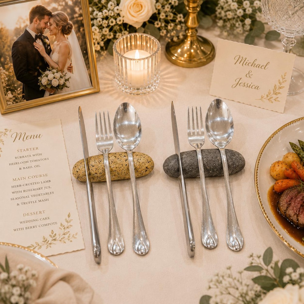 Wedding Table Setting Decor, Natural Pebble Cutlery Rest, Knife Fork Spoon Holder