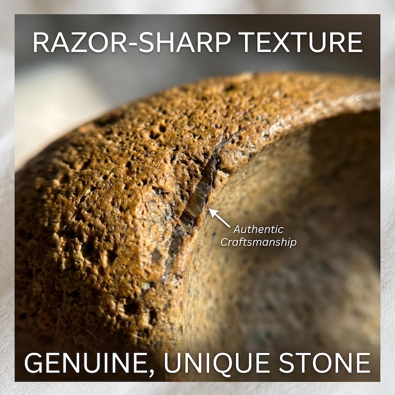 May include: Close-up of a textured, brown stone surface. The image features the text "RAZOR-SHARP TEXTURE" and "GENUINE, UNIQUE STONE". An arrow points to a crack in the stone with the text "Authentic Craftsmanship".