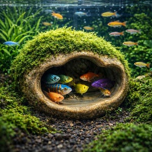 Peut inclure: Scène sous-marine avec une grotte recouverte de mousse et des poissons colorés. La grotte est de couleur marron clair et possède une ouverture où nagent plusieurs poissons. Les poissons sont de différentes couleurs, notamment bleu, orange, jaune et violet. Des plantes vertes et d'autres poissons sont en arrière-plan.