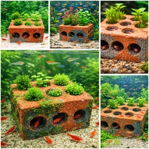 Aquarium Planter Brick with Shrimp Cave | Aquatic Planter Pot | Shrimp Hideout with Plant Holes | Natural Aquarium Decor