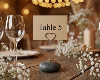 Stone Table Number Holder, Heart Wire Place Card Stand for Weddings, Rustic Event Decor, Natural Pebble Menu Clip, Set of 1, 3, 5