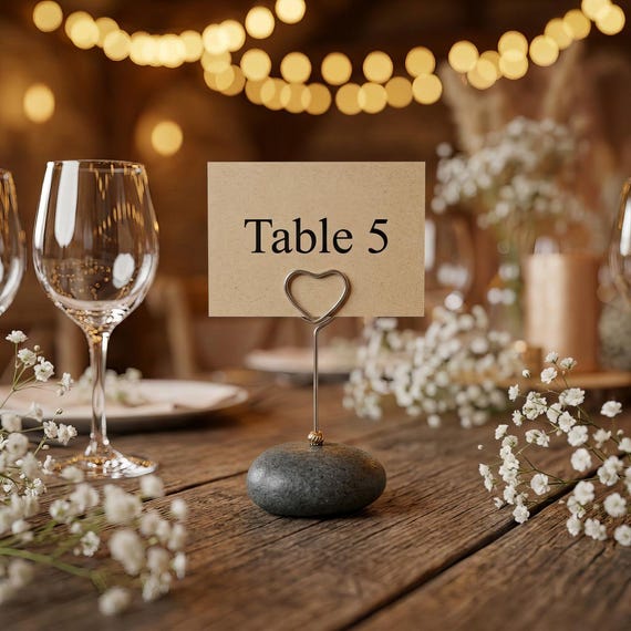 Stone Table Number Holder, Heart Wire Place Card Stand for Weddings, Rustic Event Decor, Natural Pebble Menu Clip, Set of 1, 3, 5
