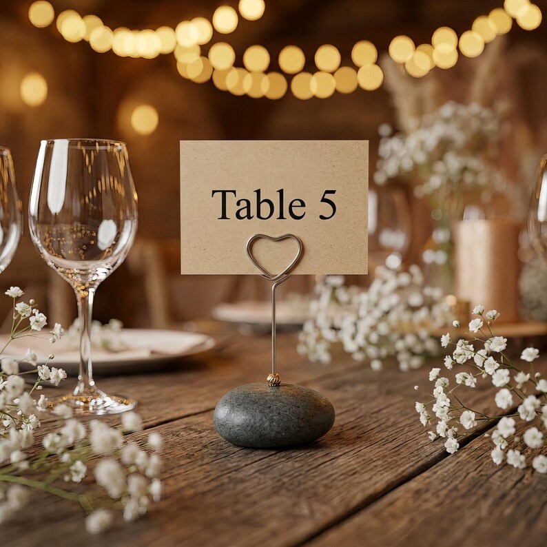 May include: A table number card with the text "Table 5" held by a silver heart-shaped wire. The card sits on a gray stone base. The scene includes wine glasses, white flowers, and soft lighting, suggesting a wedding or event.