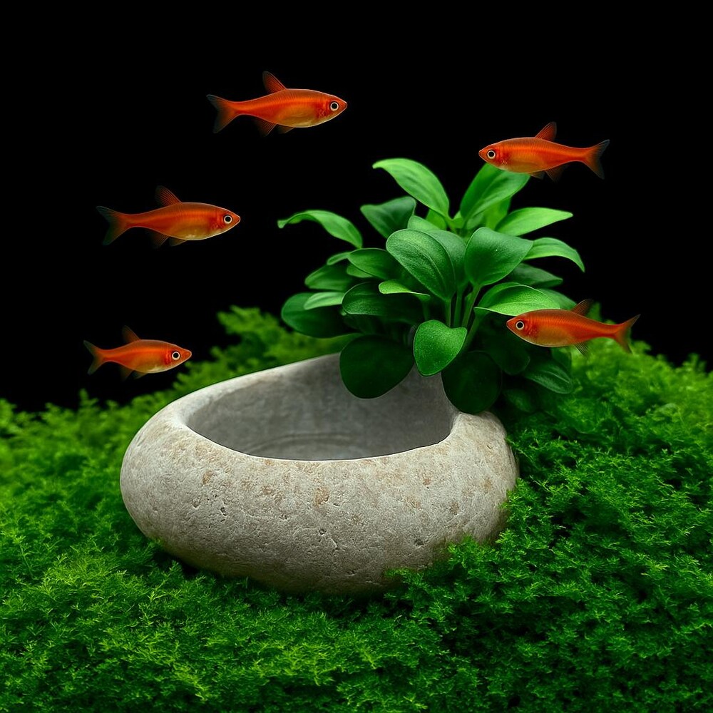 Nano Fish Natural River Stone Decor Bowl | Pebble Food/Water Dish | Aquascape Nature Corner | Handmade Aquarium Rock Bowl