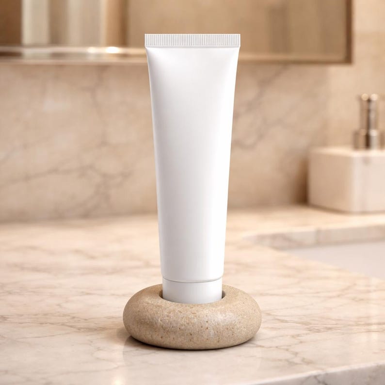 May include: A white tube of product is displayed upright in a beige stone holder. The tube is cylindrical with a ribbed top. The holder is a rounded, donut-shaped stone. The background is a marble countertop and a bathroom setting.