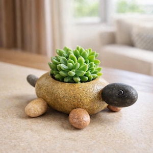 Mini Planter for Succulents, Turtle Planter, Animal Shaped Plant Pot, Pebble Plant Pot, Cute Desk Decor, Handmade Stone Planter