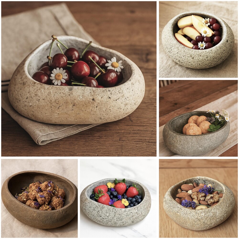 Handmade Stone Fruit Bowl – Natural Pebble Snack Dish | Rustic Wabi Sabi Kitchen Decor