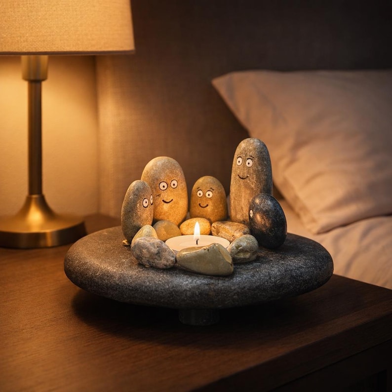 May include: A decorative stone candle holder featuring a family of painted rocks with smiling faces. A lit candle sits in the center, surrounded by smaller stones. The holder is on a dark wooden surface.