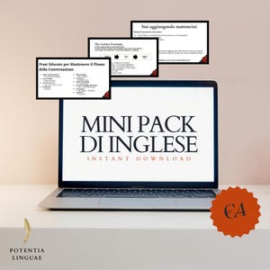 Può includere: Un computer portatile mostra "MINI PACK DI INGLESE INSTANT DOWNLOAD" in testo nero. Sopra il computer portatile ci sono tre piccoli documenti incorniciati in nero. Sono visibili anche una piuma d'oro e un cartellino del prezzo con "€4".