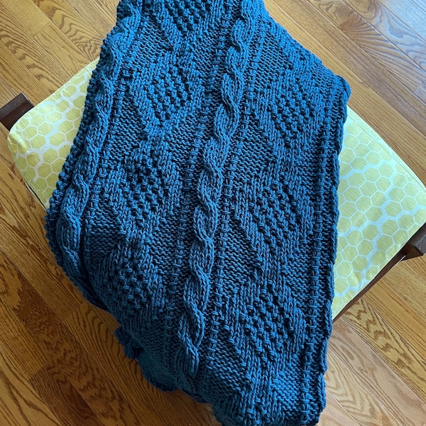 Hand-made cable knit lap afghan from Maine (74”x80”) - Cape Cod Blue