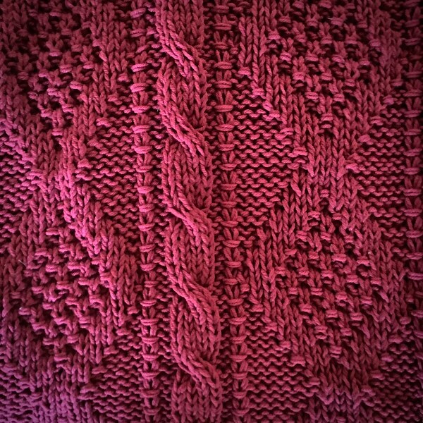 Hand-made cable knit lap afghan from Maine (60”x65”) - claret red